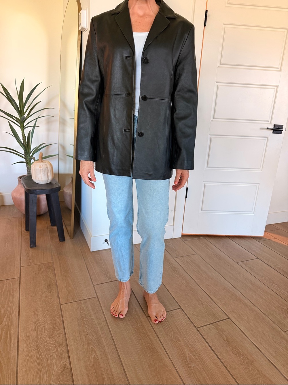 Classic Black Leather Blazer Jacket - Women's - Picture 1 of 5
